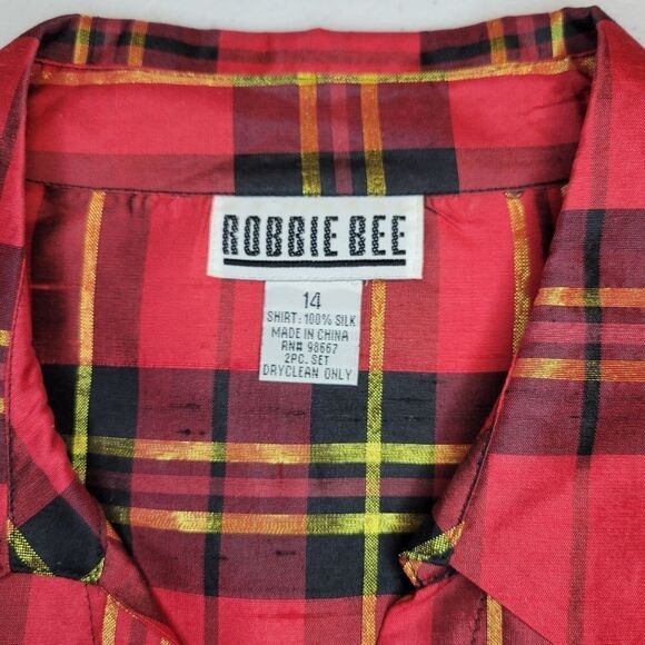 ROBBIE Bee Women's Vintage Silk Tartan Button Down Blouse Red Plaid Christmas - Picture 8 of 11